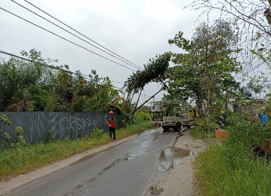 Evakuasi Tiang Listrik PLN yang nyaris roboh akibat hujan lebat disertai angin kencang Jumat 18 November 2022 pukul 1529 WIB 1