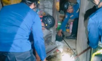 Petugas Disdamkarmat Kotim berupaya menangkap ular yang berada di lantai dapur warga Kelurahan Baamang Tengah