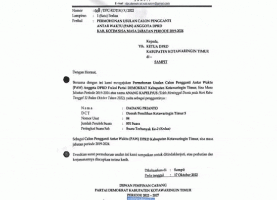 Surat permohonan PAW Partai Demokrat Kotim.