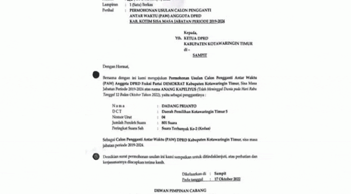 Surat permohonan PAW Partai Demokrat Kotim.