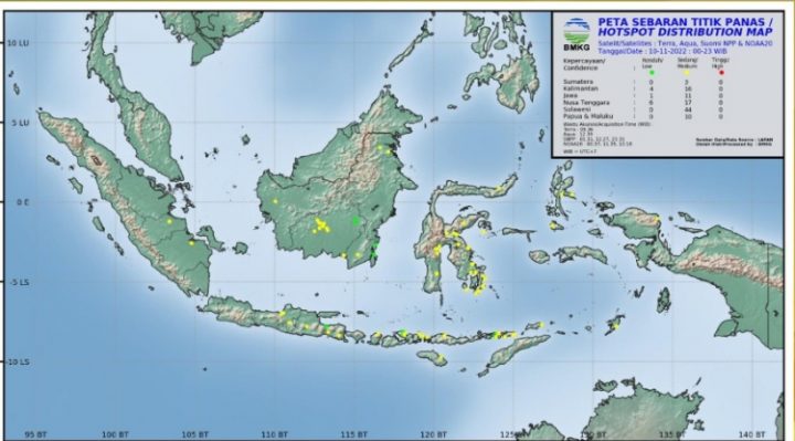 peta sebaran titik panas di Indonesia Kamis 10 November 2022