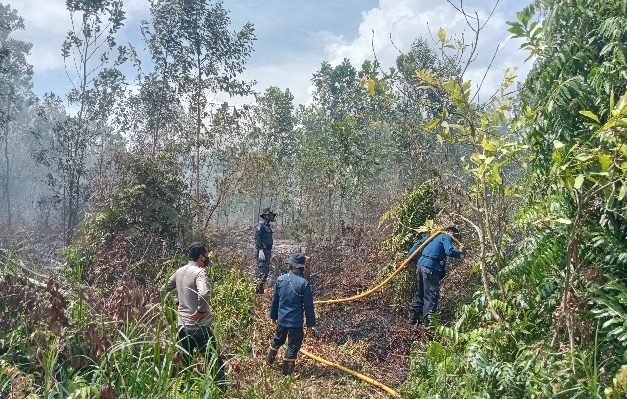 Petugas sedang berjibaku memadamkan kebakaran lahan di Jalan Pramuka Sampit Selasa 3 Januari 2023.