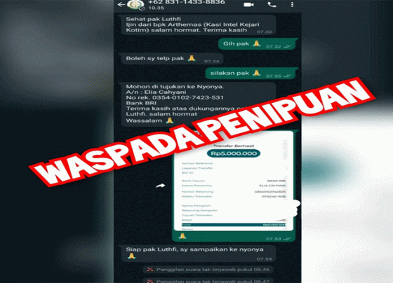 Tangkapan Layar WhatsApp modus penipuan yang mengatasnamakan nama Kais Intel Kejari Kotawaringin Timur.