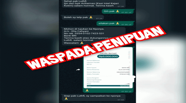 Tangkapan Layar WhatsApp modus penipuan yang mengatasnamakan nama Kais Intel Kejari Kotawaringin Timur.