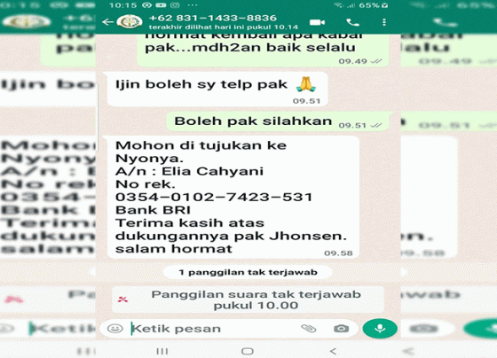 Tangkapan Layar WhatsApp modus penipuan yang mengatasnamakan nama Kasi Intel Kejari Kotawaringin Timur waspada Rumornya sudah memakan korban.