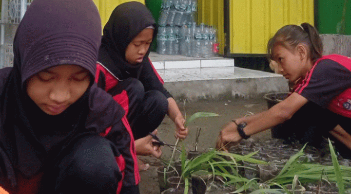 Siswa SDN 4 Ketapang Sampit Gunakan Barang Bekas untuk Berkebun Tanaman Obat Sampit Kamis 9 Februari 2023.