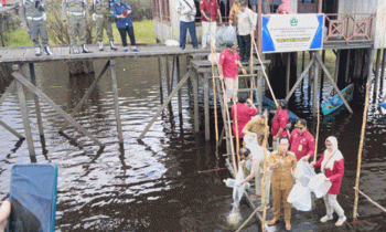 ubernur dua periode yang juga anggota DPD RI Agustin Teras Narang bersama Bupati Katingan Sakariyas menabur benih ikan papuyu di Danau Bulat Kamipang Selasa 21 Februari 2023.