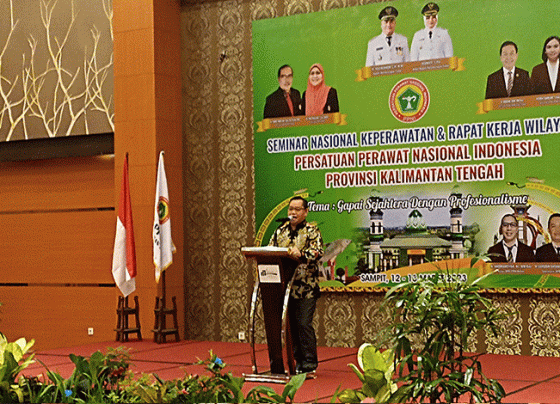 Bupati Kotim Halikinnor saat menghadiri Rakerwil PPNI Kalteng di Hotel Aquarious Boutique Jalan Jenderal Sudirman Sampit Minggu 12 Maret 2023.