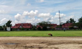 Tampak petugas sedang merawat rumput yang telah ditanam di Stadion 29 Nopember Sampit