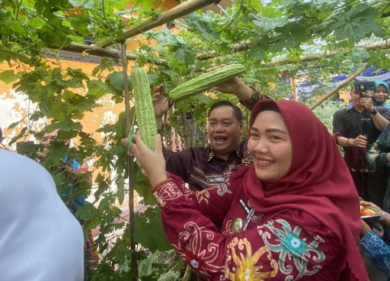 Bupati Kotim Halikinnor saat menunjukkan hasil tani di kantor Kelurahan Ketapang, Kecamatan Mentawa Baru Ketapang, belum lama ini.