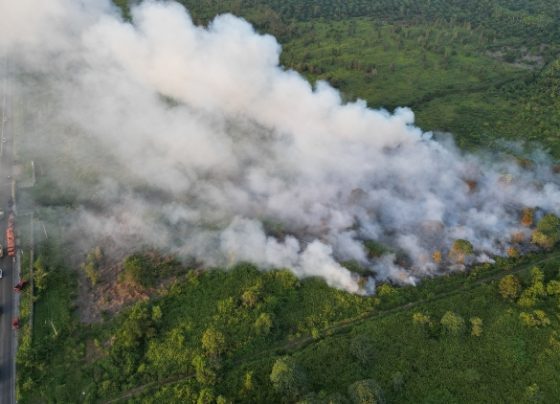 Kebakaran lahan yang terjadi di Jalan Jendral Sudirman Km 21, Kecamatan Mentawa Baru Ketapang, Kotim, dilihat dari udara.