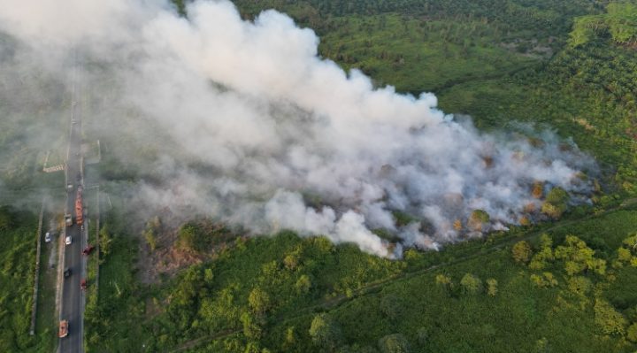 Kebakaran lahan yang terjadi di Jalan Jendral Sudirman Km 21, Kecamatan Mentawa Baru Ketapang, Kotim, dilihat dari udara.