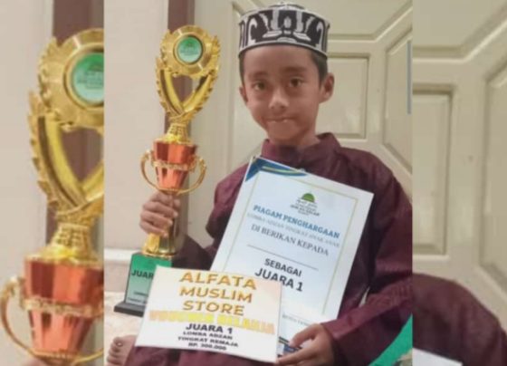 Siswa SDN 4 Ketapang, Muhammad Syahbudin Raasyid mendapatkan juara 1 lomba azan Festival Muharram 1445 H, Jumat 28 Juli 2023.