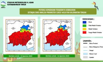 Potensi kemudahan terjandinya kebakaran ditinjau dari analisa parameter cuaca di Kalimantan Tengah, 13 14 Agustus 2023.