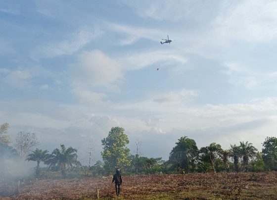 Helikopter water bombing ketika memadamkan karhutla di kawasan Jalan Bumi Ayu, Kecamatan Mentawa Baru Ketapang, baru baru ini.