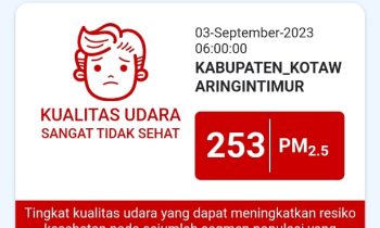 Nilai ISPU Kotim terburuk se Indonesia pada pukul 06.00 WIB 253 dengan kategori sangat tidak sehat, Minggu 3 September 2023.