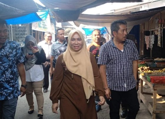 PJ Bupati Pulang Pisau Nunu Andriani mengunjungi sejumlah pasar mengecek harga dan ketersedian bahan kebutuhan pokok, Kamis, 28 September 2023.