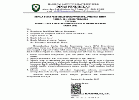 Surat edaran Disdik Kotim soal pembelajaran musim kabut asap.