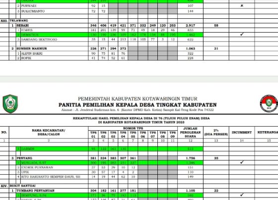 Tangkapan layar lembar daftar hasil rekapitulasi Pilkades 2023 di Kecamatan Telawang, Kabupaten Kotawaringin Timur.