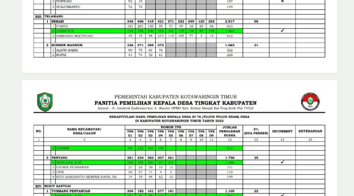 Tangkapan layar lembar daftar hasil rekapitulasi Pilkades 2023 di Kecamatan Telawang, Kabupaten Kotawaringin Timur.