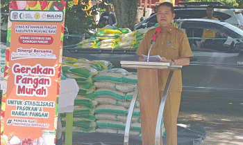 Kepala Dinas Ketahanan Pangan Kabupaten Murung Raya Yulianus menyampaikan sambutan pada hari pangan sedunia di Stadion Mini Puruk Cahu, Senin, 16 Oktober 2023.