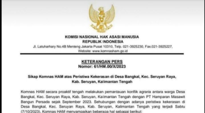 Keterangan Pers Sikap Komnas HAM atas peristiwa kekerasan di Desa Bangkal, Jumat 8 Oktober 2023.