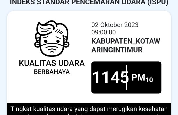 Nilai ISPU di Kotim 1145 pada pukul 09.00 WIB, Senin 2 Oktober 2023.