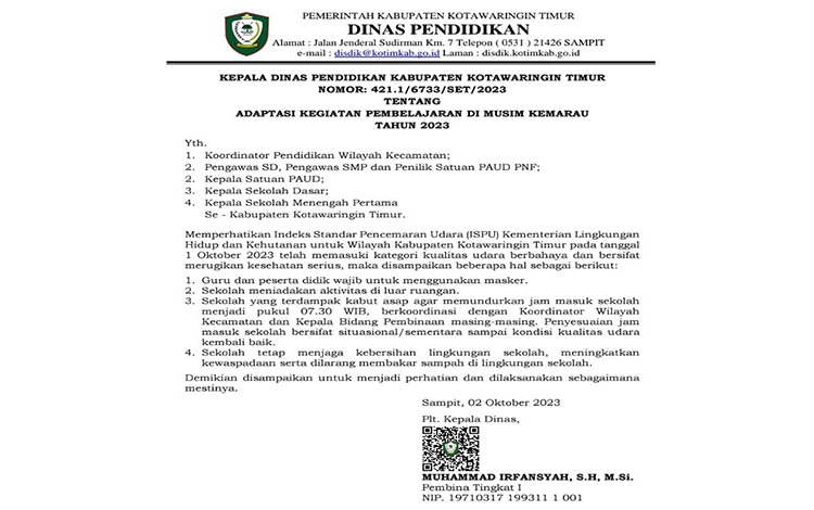 Kabut Asap, Disdik Kotim Kembali Undur Jam Masuk Sekolah