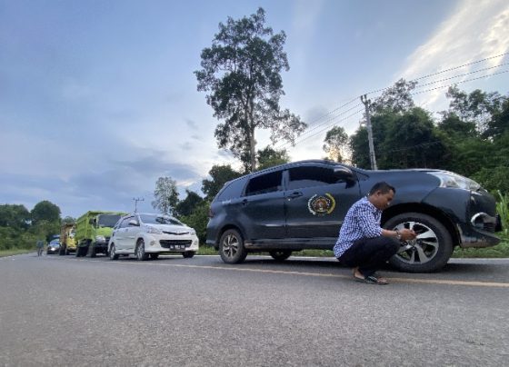 Antrean kendaraan roda empat di Jalan Trans Kalimantan atau Jalan Tjilik Riwut Kabupaten Katingan, Sabtu, 18 November 2023.