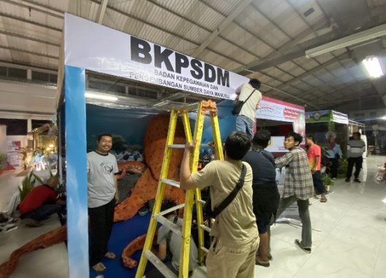 Kepala BKPSDM Kotim Kamaruddin Makalepu mendampingi stafnya menghias stand dalam Sampit Trade Expo.