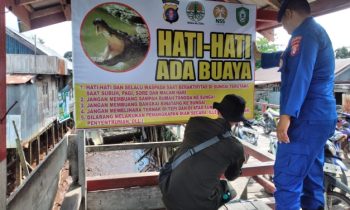 Petugas BKSDA Pos Jaga Sampit memasang spanduk himbauan kepada masyarakat agar berhati hati kemunculan buaya, Kamis 28 Desember 2023.