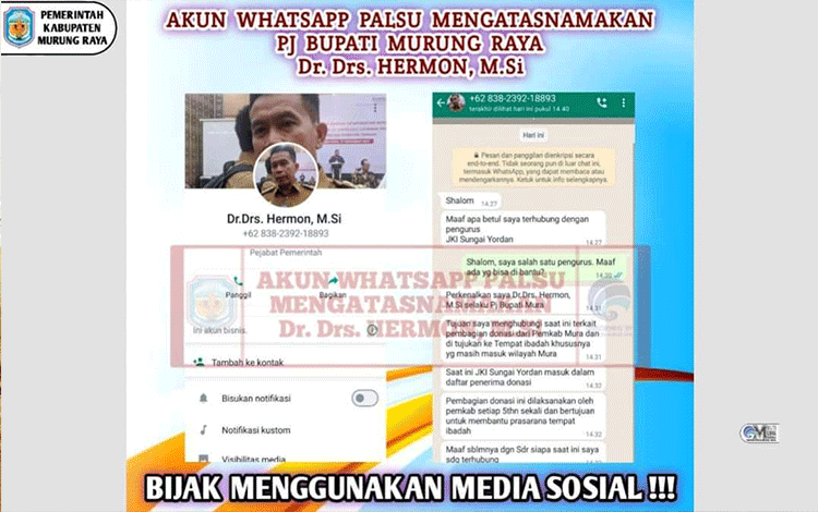 Masyarakat Diimbau Tidak Tertipu Akun WhatsApp Palsu Mengatasnamakan Pj Bupati dan Pj Sekda Mura