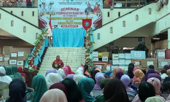 Wakil Bupati Kotim Irawati sekaligus Ketua GOW saat sambutan Seminar Hari Ibu, di aula PPM Sampit, Kamis, 28 Desember 2023.