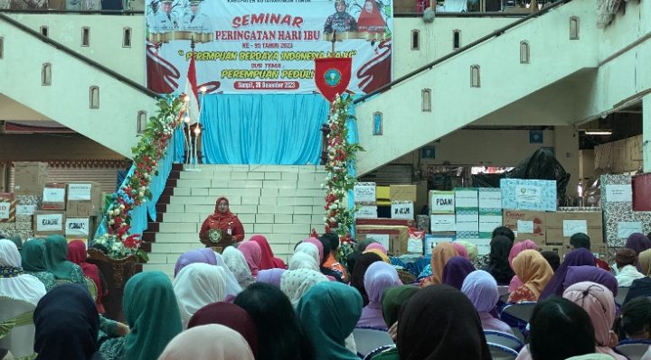 Wakil Bupati Kotim Irawati sekaligus Ketua GOW saat sambutan Seminar Hari Ibu, di aula PPM Sampit, Kamis, 28 Desember 2023.