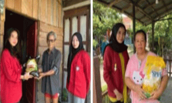Mahasiswa Universitas Muhammadiyah dan Universitas Darwan Ali Cabang Kasongan memberikan bantuan sasial berupa sembako kepada warga Hampalit.