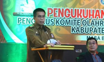 Pj Bupati Mura, Hermon saat sambutan di sela pelantikan Pengurus KONI Mura, Selasa, 26 Maret 2024.