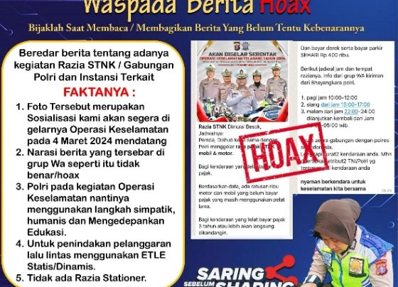 Poster pemberitahuan yang berisi informasi dari Polri bahwa razia STNK hoaks semata.