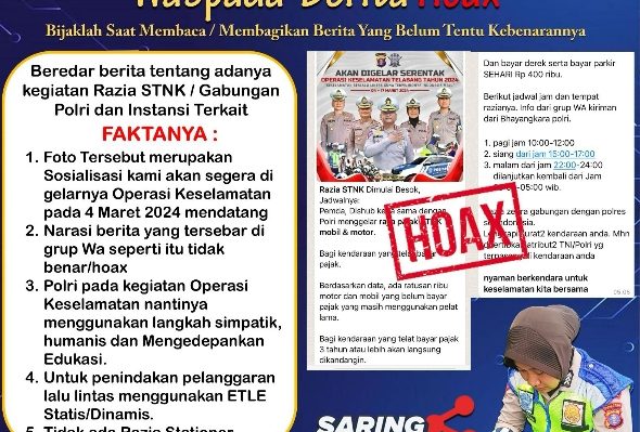 Poster pemberitahuan yang berisi informasi dari Polri bahwa razia STNK hoaks semata.