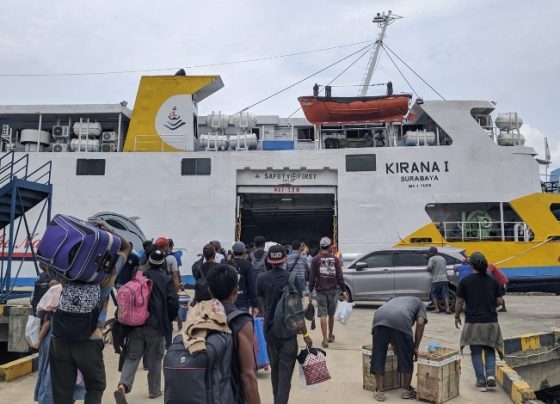 Sejumlah penumpang dari Pelabuhan Sampit saat hendak masuk ke KM Kirana I tujuan Semarang, pada saat arus mudik 2024.