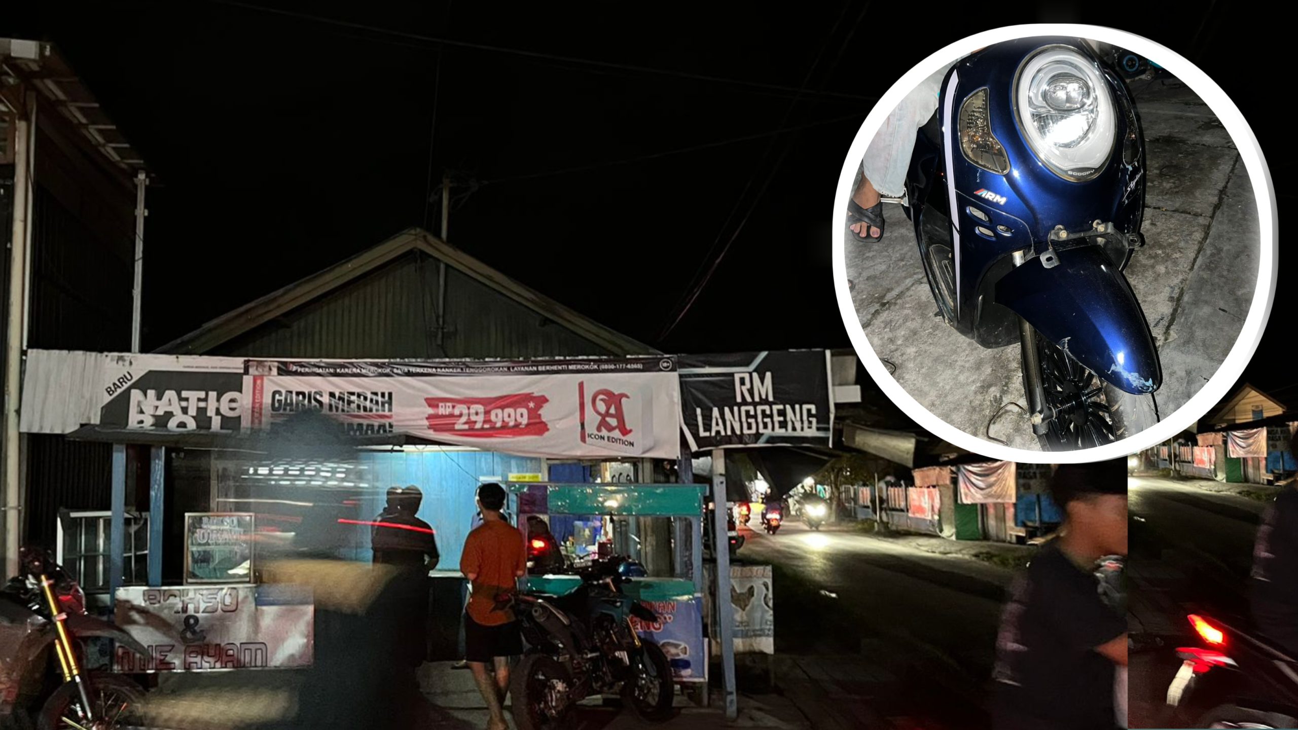 Dalih Menghindari Tabrakan Dengan Mobil, Motor Scoopy Seruduk Warung Makan