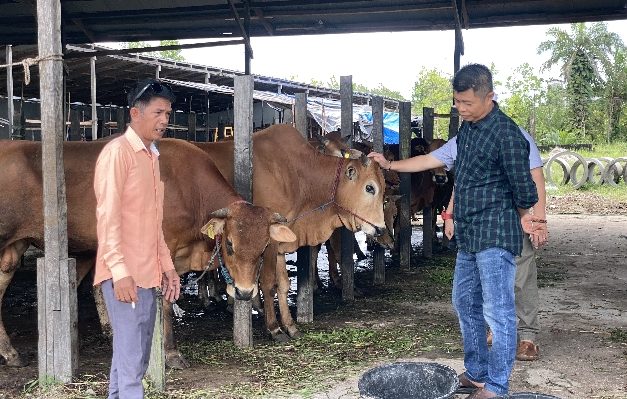 Samsul (kiri) saat melayani pembeli sapi kurban Pengurus Masjid Jami (kanan), Senin, 3 Juni 2024