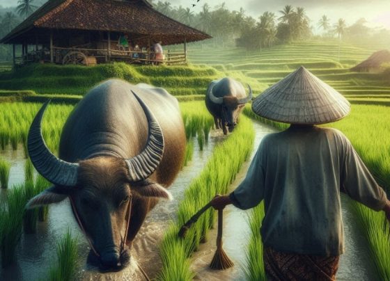 Ilustrasi Petani sedang menggarap lahannya (Microsoft AI)