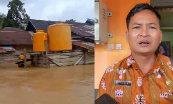 Foto kiri kondisi banjir di Desa Rantau Suang, Selasa, 8 Oktober 2024 dan foto kanan Kepala Desa Rantau Suang Sider