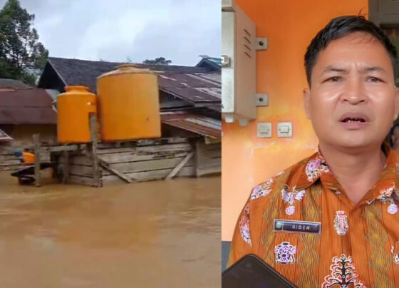 Foto kiri kondisi banjir di Desa Rantau Suang, Selasa, 8 Oktober 2024 dan foto kanan Kepala Desa Rantau Suang Sider