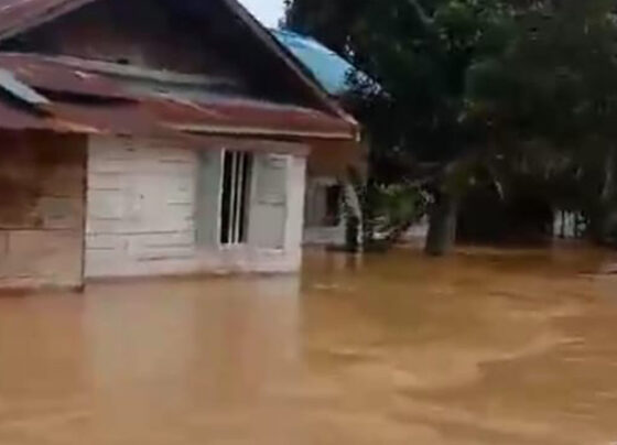 Ruas jalan di Desa Rantau Suang seperti sungai akibat banjir pada Selasa, 8 Oktober 2024.