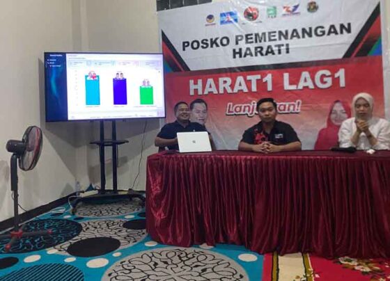 Ketua Pemenangan Harati Angga didampingi perwakilan Lembaga Survei Charta Politika Indonesia (baju hitam). Rabu, 27 November 2024