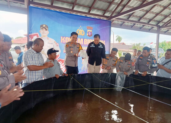 Penaburan benih ikan patin yang dilakukan oleh Kapolres Kotim AKBP Resky Maulana Zulkarnain.