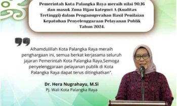 Pj Wali Kota Palangka Raya, Hera Nugrahayu menyampaikan hasil penilaian kepatuhan pelayanan publik tahun 2024.