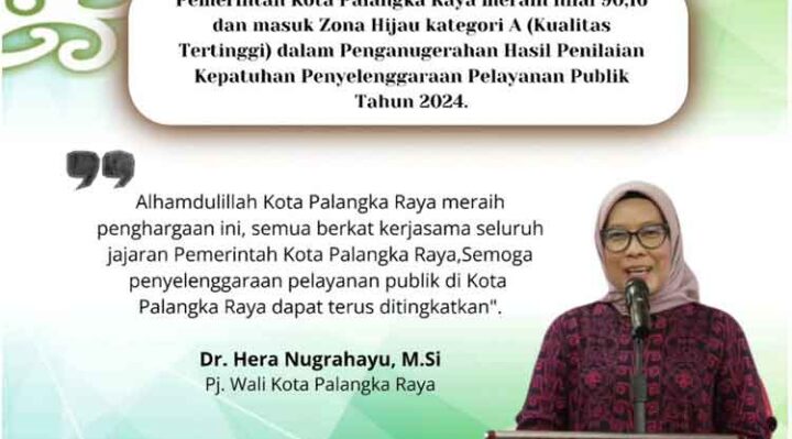 Pj Wali Kota Palangka Raya, Hera Nugrahayu menyampaikan hasil penilaian kepatuhan pelayanan publik tahun 2024.