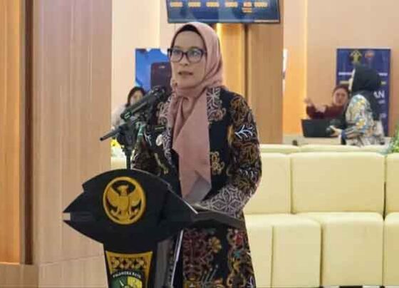 Pj Wali Kota Palangka Raya, Hera Nugrahayu saat sambutan pada acara peresmian gedung baru MPP.